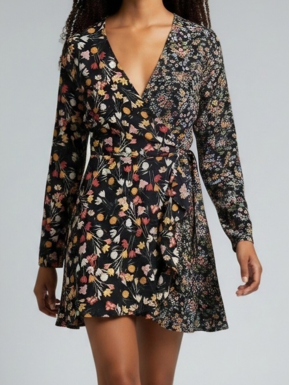 Gianni Bini Black Floral Mini Dress with Red & Yellow Blooms Peasant Romantic